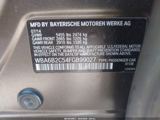 45150672 :رقم المزاد ، WBA6B2C54FGB99027 vin ، 2015 Bmw 650i Gran Coupe مزاد بيع