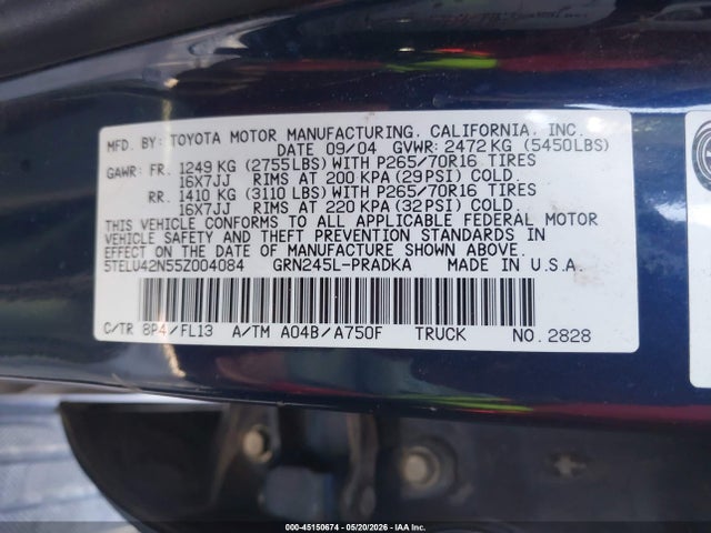 Aukcja sprzedaży 2005 Toyota Tacoma Base V6, vin: 5TELU42N55Z004084, numer aukcji: 45150674