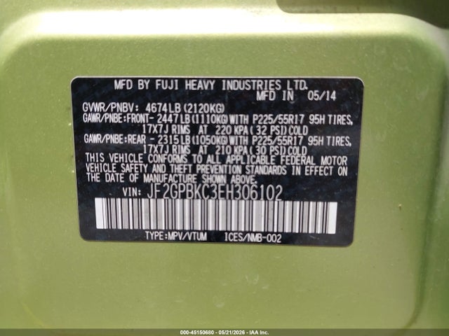 45150680 :رقم المزاد ، JF2GPBKC3EH306102 vin ، 2014 Subaru Xv Crosstrek Hybrid 2.0i Touring مزاد بيع