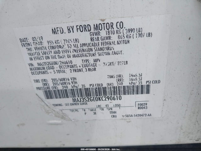 Aukcja sprzedaży 2019 Ford Ecosport Se, vin: MAJ3S2GE0KC290610, numer aukcji: 45150695