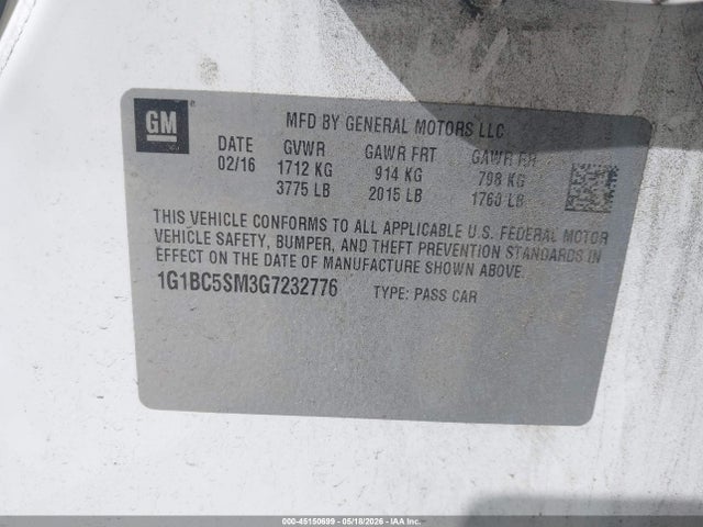 Продажа на аукционе авто 2016 Chevrolet Cruze Ls Auto, vin: 1G1BC5SM3G7232776, номер лота: 45150699