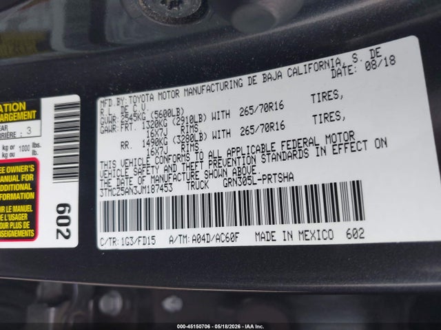 Продажа на аукционе авто 2018 Toyota Tacoma Trd Off Road, vin: 3TMCZ5AN3JM187453, номер лота: 45150706