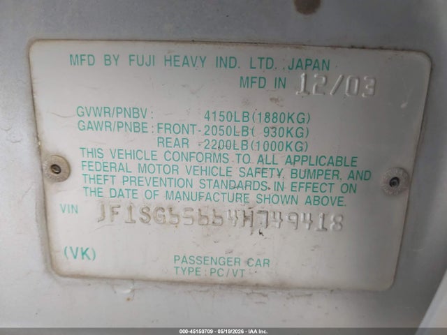 Продажа на аукционе авто 2004 Subaru Forester 2.5xs, vin: JF1SG65664H749418, номер лота: 45150709