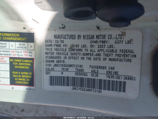 Aukcja sprzedaży 2006 Infiniti G35, vin: JNKCV54E46M712190, numer aukcji: 45150711