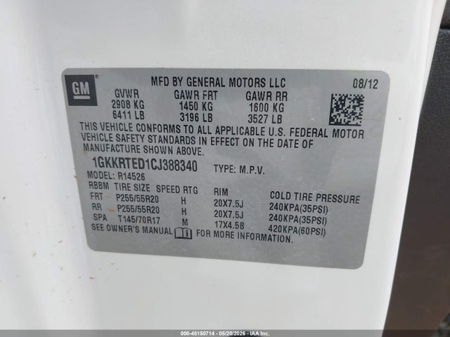 Aukcja sprzedaży 2012 Gmc Acadia Denali, vin: 1GKKRTED1CJ388340, numer aukcji: 45150714