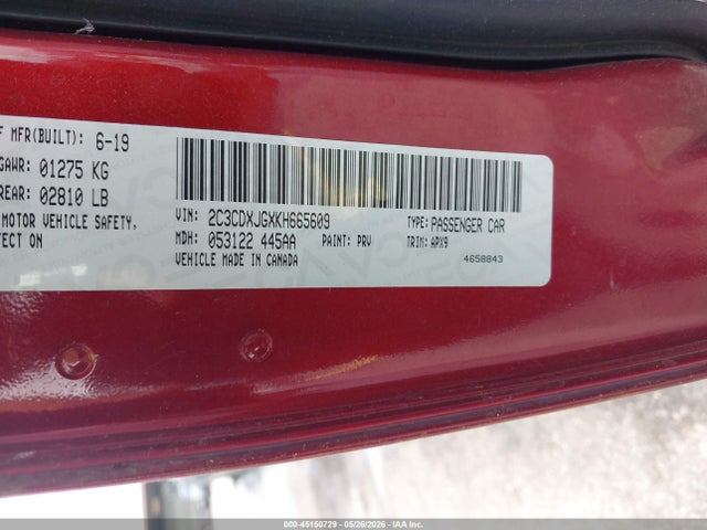 45150729 :رقم المزاد ، 2C3CDXJGXKH665609 vin ، 2019 Dodge Charger Sxt Awd مزاد بيع