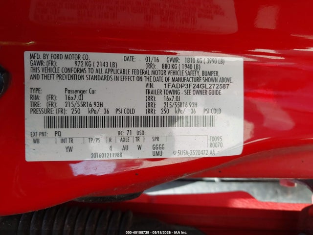 2016 Ford Focus Se მანქანა იყიდება აუქციონზე, vin: 1FADP3F24GL272587, აუქციონის ნომერი: 45150738