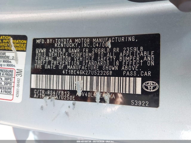 2007 Toyota Camry Le მანქანა იყიდება აუქციონზე, vin: 4T1BE46K27U523268, აუქციონის ნომერი: 45150739