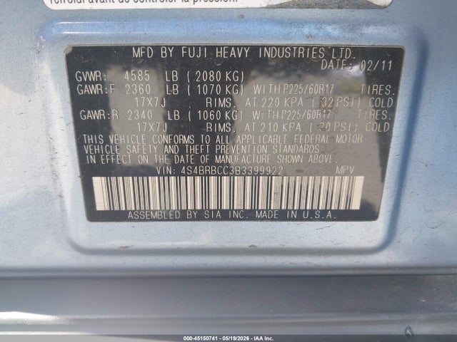 Продажа на аукционе авто 2011 Subaru Outback 2.5i Premium, vin: 4S4BRBCC3B3399922, номер лота: 45150741