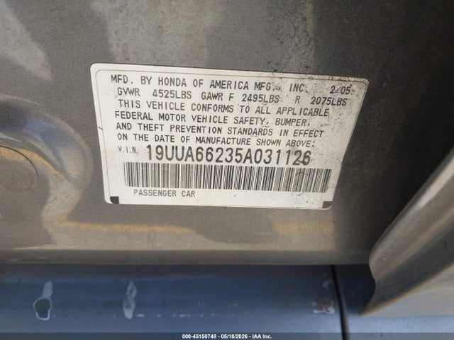Aukcja sprzedaży 2005 Acura Tl, vin: 19UUA66235A031126, numer aukcji: 45150748
