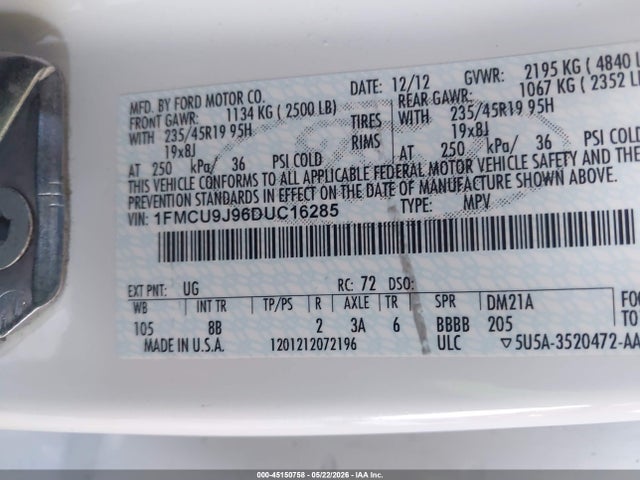 2013 Ford Escape Titanium მანქანა იყიდება აუქციონზე, vin: 1FMCU9J96DUC16285, აუქციონის ნომერი: 45150758