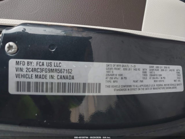 2021 Chrysler Pacifica Touring Awd მანქანა იყიდება აუქციონზე, vin: 2C4RC3FG9MR567162, აუქციონის ნომერი: 45150764