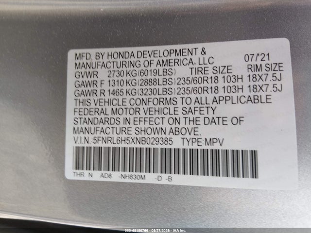 Aukcja sprzedaży 2022 Honda Odyssey Ex, vin: 5FNRL6H5XNB029385, numer aukcji: 45150766