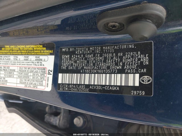 Aukcja sprzedaży 2006 Toyota Camry Xle, vin: 4T1BE30K16U135773, numer aukcji: 45150772