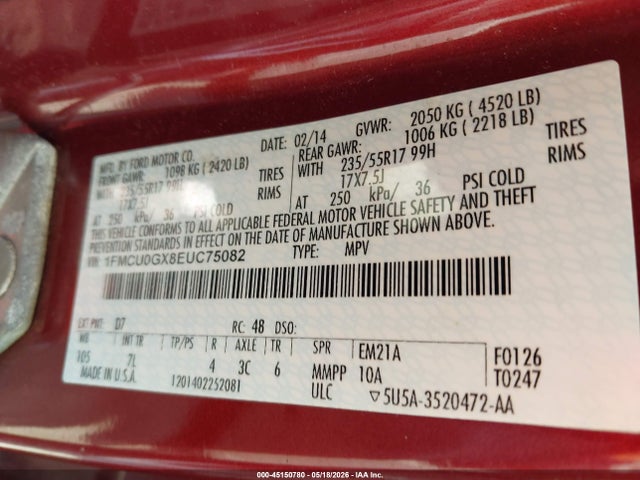 Продажа на аукционе авто 2014 Ford Escape Se, vin: 1FMCU0GX8EUC75082, номер лота: 45150780