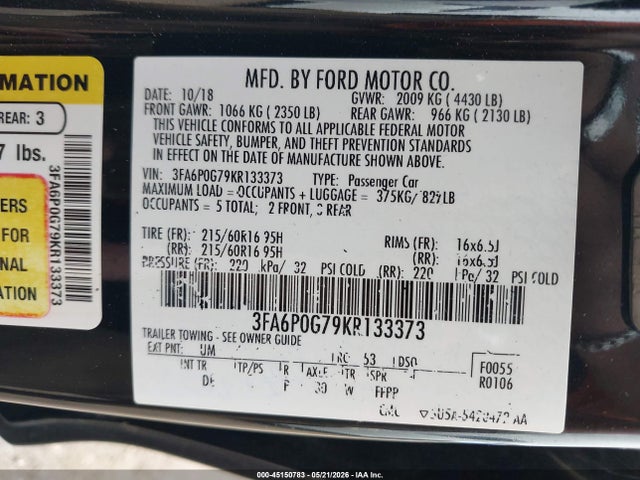 Ford FUSION S 2019 3FA6P0G79KR133373 Image 9