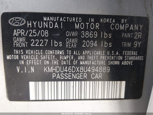 Продажа на аукционе авто 2008 Hyundai Elantra Gls/se, vin: KMHDU46DX8U494889, номер лота: 45150786