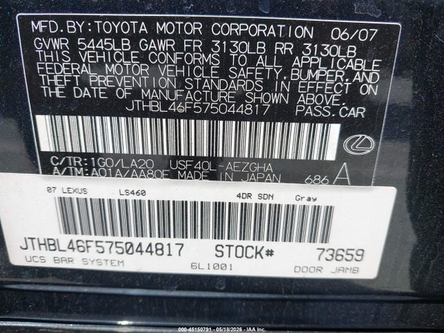 2007 Lexus Ls 460 მანქანა იყიდება აუქციონზე, vin: JTHBL46F575044817, აუქციონის ნომერი: 45150791