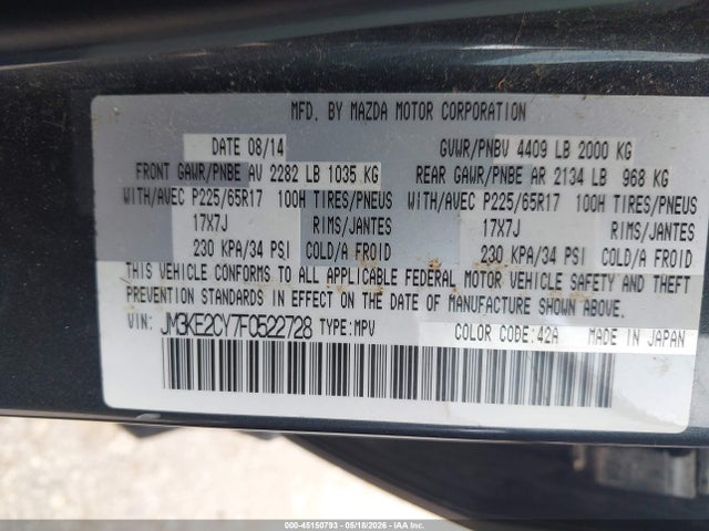 Aukcja sprzedaży 2015 Mazda Cx-5 Touring, vin: JM3KE2CY7F0522728, numer aukcji: 45150793