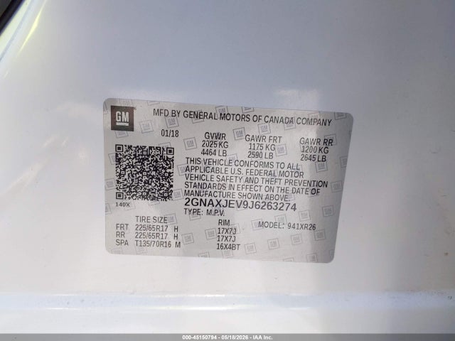 Chevrolet EQUINOX LT 2018 2GNAXJEV9J6263274 Image 9