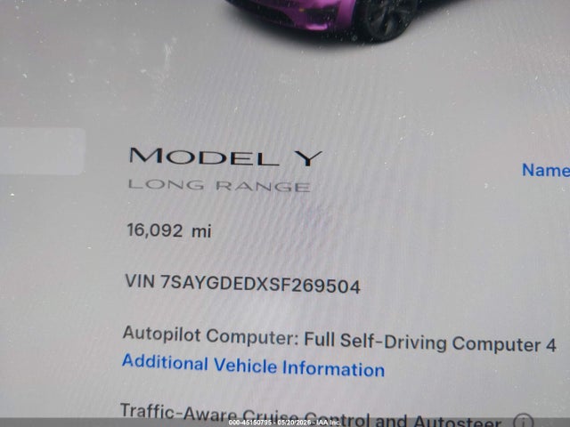 Продаж на аукціоні авто 2025 Tesla Model Y Long Range Dual Motor Rear-wheel Drive, vin: 7SAYGDEDXSF269504, номер лоту: 45150795