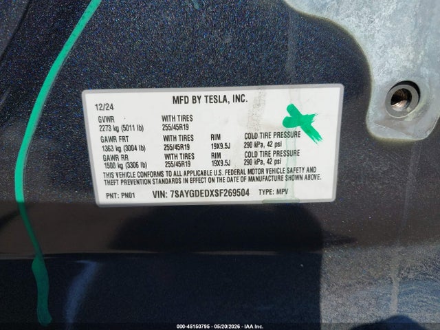 Продаж на аукціоні авто 2025 Tesla Model Y Long Range Dual Motor Rear-wheel Drive, vin: 7SAYGDEDXSF269504, номер лоту: 45150795
