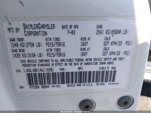 Aukcja sprzedaży 2004 Jeep Liberty Sport, vin: 1J4GL48K14W110281, numer aukcji: 45150797