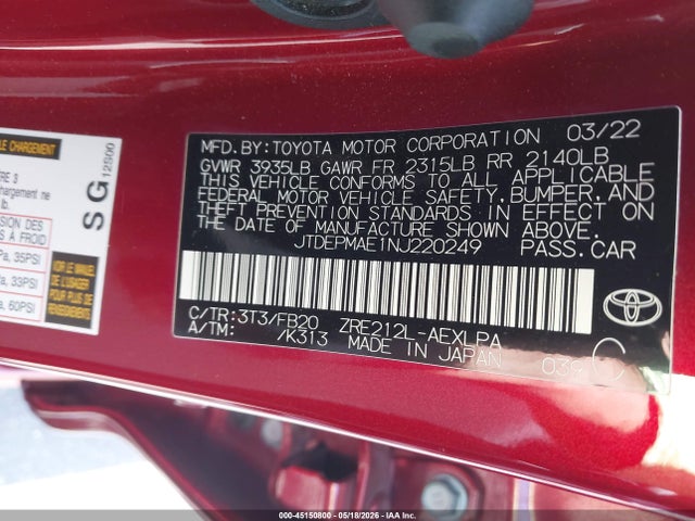 Aukcja sprzedaży 2022 Toyota Corolla Le, vin: JTDEPMAE1NJ220249, numer aukcji: 45150800