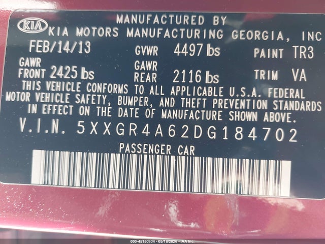 45150804 :رقم المزاد ، 5XXGR4A62DG184702 vin ، 2013 Kia Optima Sx مزاد بيع