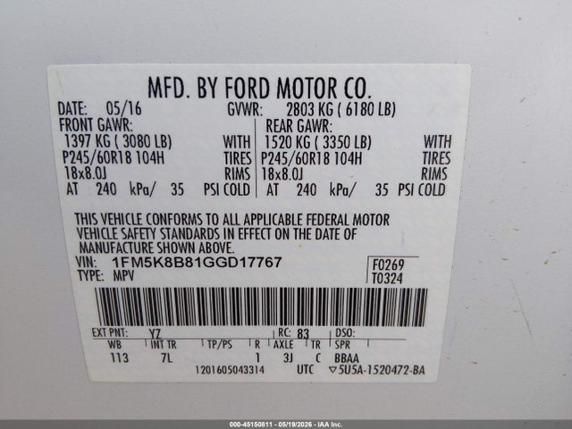 Auction sale of the 2016 Ford Explorer, vin: 1FM5K8B81GGD17767, lot number: 45150811