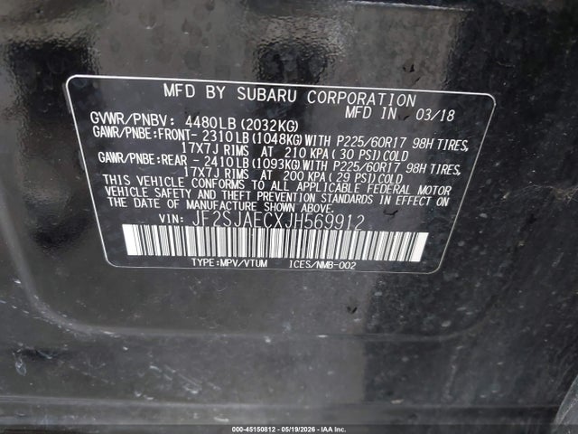 Aukcja sprzedaży 2018 Subaru Forester 2.5i Premium, vin: JF2SJAECXJH569912, numer aukcji: 45150812