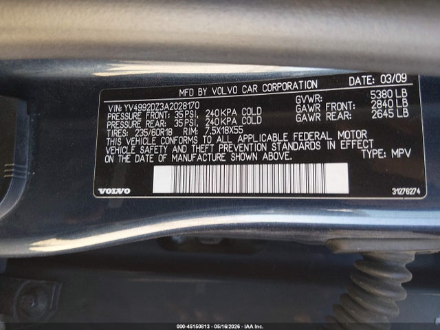 45150813 :رقم المزاد ، YV4992DZ3A2028170 vin ، 2010 Volvo Xc60 T6/t6 R-design مزاد بيع