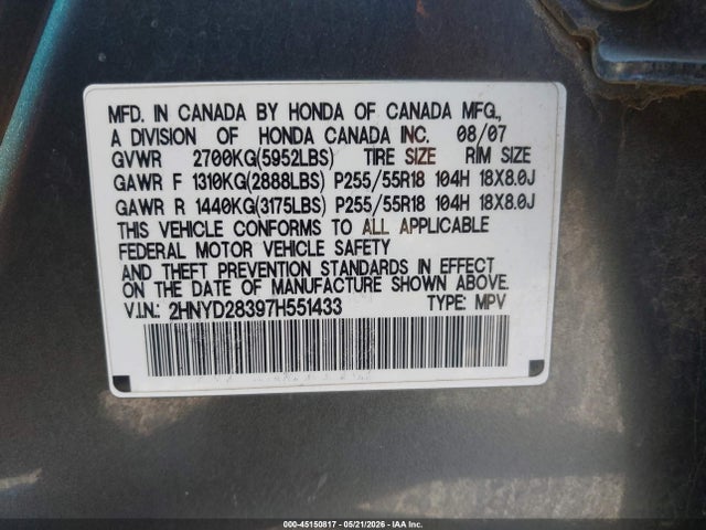Продаж на аукціоні авто 2007 Acura Mdx Technology Package, vin: 2HNYD28397H551433, номер лоту: 45150817