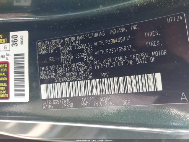 Aukcja sprzedaży 2024 Toyota Sienna Xle, vin: 5TDYRKEC8RS213196, numer aukcji: 45150819
