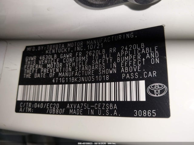 Auction sale of the 2022 Toyota Camry Se Nightshade Special Awd, vin: 4T1G11BK3NU051018, lot number: 45150823