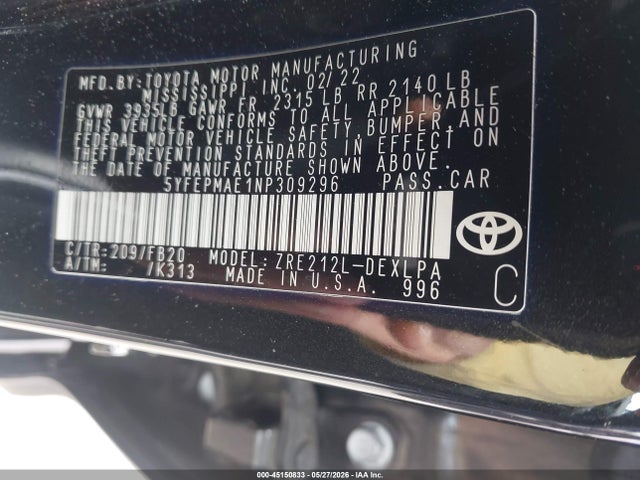 Aukcja sprzedaży 2022 Toyota Corolla Le, vin: 5YFEPMAE1NP309296, numer aukcji: 45150833