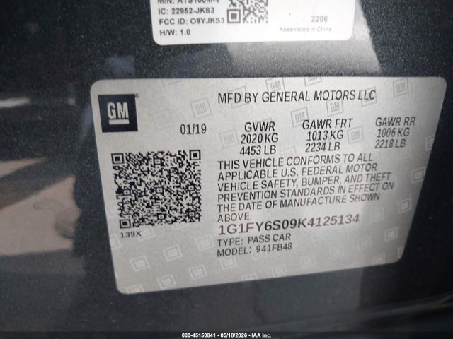 Продаж на аукціоні авто 2019 Chevrolet Bolt Ev Lt, vin: 1G1FY6S09K4125134, номер лоту: 45150841