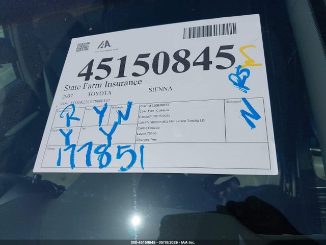 Продаж на аукціоні авто 2007 Toyota Sienna Le, vin: 5TDZK23C67S060147, номер лоту: 45150845