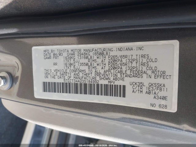 45150849 :رقم المزاد ، 5TDZT34A23S184992 vin ، 2003 Toyota Sequoia Sr5 V8 مزاد بيع