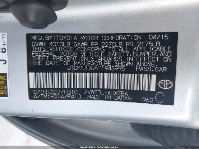 Toyota Prius Two 2015 JTDKN3DU6F1948995 Image 9