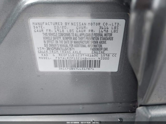 Продаж на аукціоні авто 2020 Nissan Kicks S Xtronic Cvt, vin: 3N1CP5BV7LL517871, номер лоту: 45150856