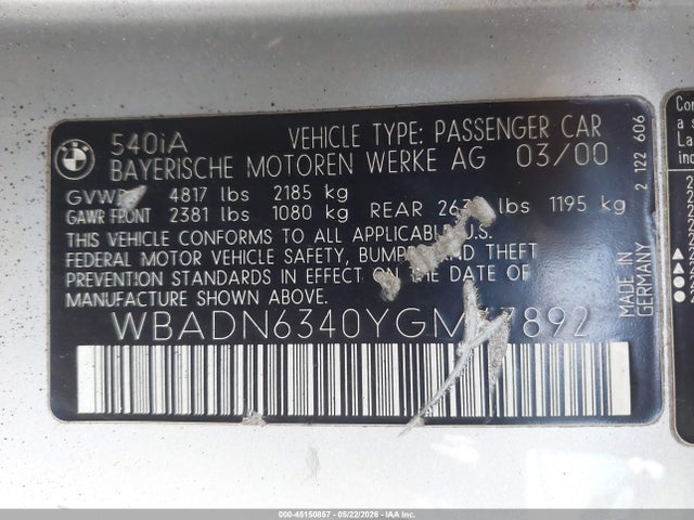 Aukcja sprzedaży 2000 Bmw 540ia, vin: WBADN6340YGM67892, numer aukcji: 45150857