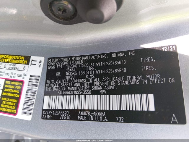 Продажа на аукционе авто 2022 Toyota Highlander Hybrid Le, vin: 5TDBBRCH1NS543550, номер лота: 45150869