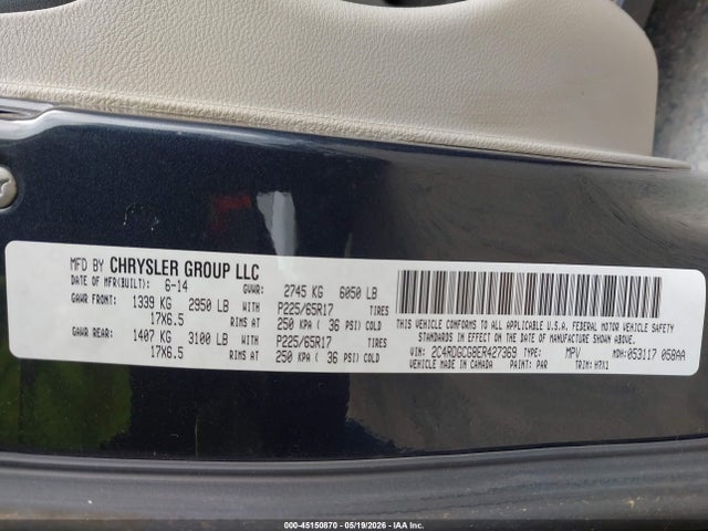 45150870 :رقم المزاد ، 2C4RDGCG8ER427369 vin ، 2014 Dodge Grand Caravan Sxt مزاد بيع
