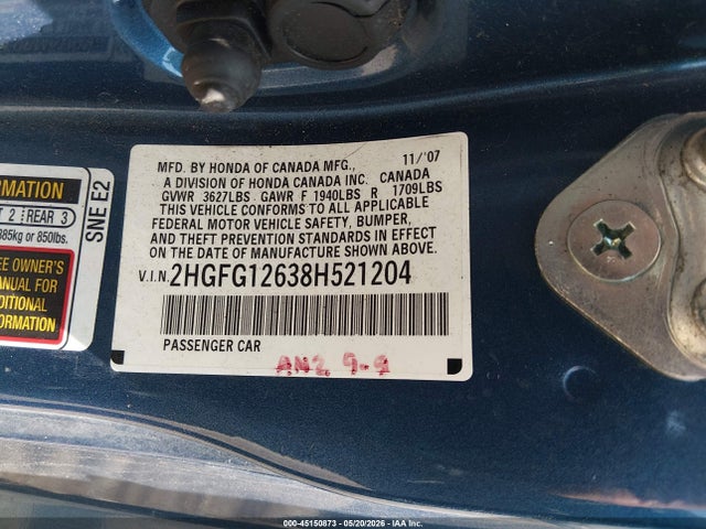 Aukcja sprzedaży 2008 Honda Civic Lx, vin: 2HGFG12638H521204, numer aukcji: 45150873
