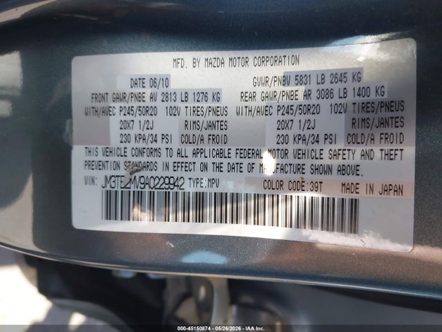 Продаж на аукціоні авто 2010 Mazda Cx-9 Grand Touring, vin: JM3TB2MV9A0229942, номер лоту: 45150874
