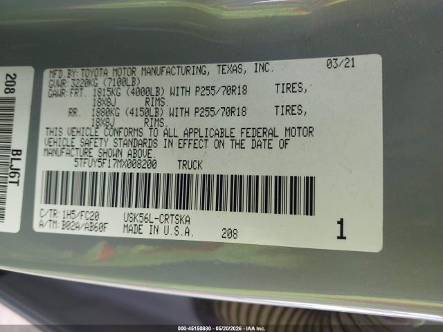 Продаж на аукціоні авто 2021 Toyota Tundra Sr5, vin: 5TFUY5F17MX008200, номер лоту: 45150880