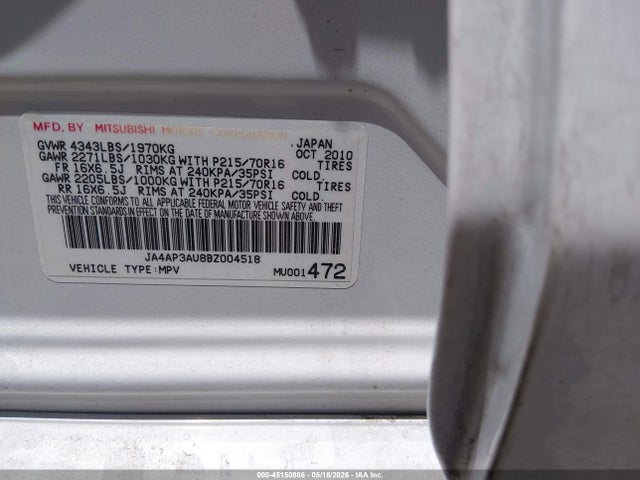 Aukcja sprzedaży 2011 Mitsubishi Outlander Sport Es, vin: JA4AP3AU8BZ004518, numer aukcji: 45150886