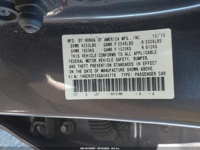 Honda ACCORD LX 2016 1HGCR2F35GA045778 Image 9