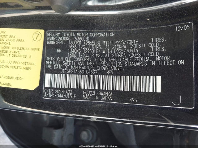 45150895 :رقم المزاد ، JTEGP21A560104839 vin ، 2006 Toyota Highlander V6 مزاد بيع